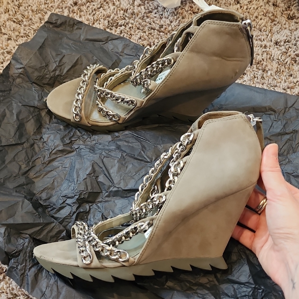 Camilla Skovgaard  Taupe Wedge Sandals with Silver Chain Trim 38